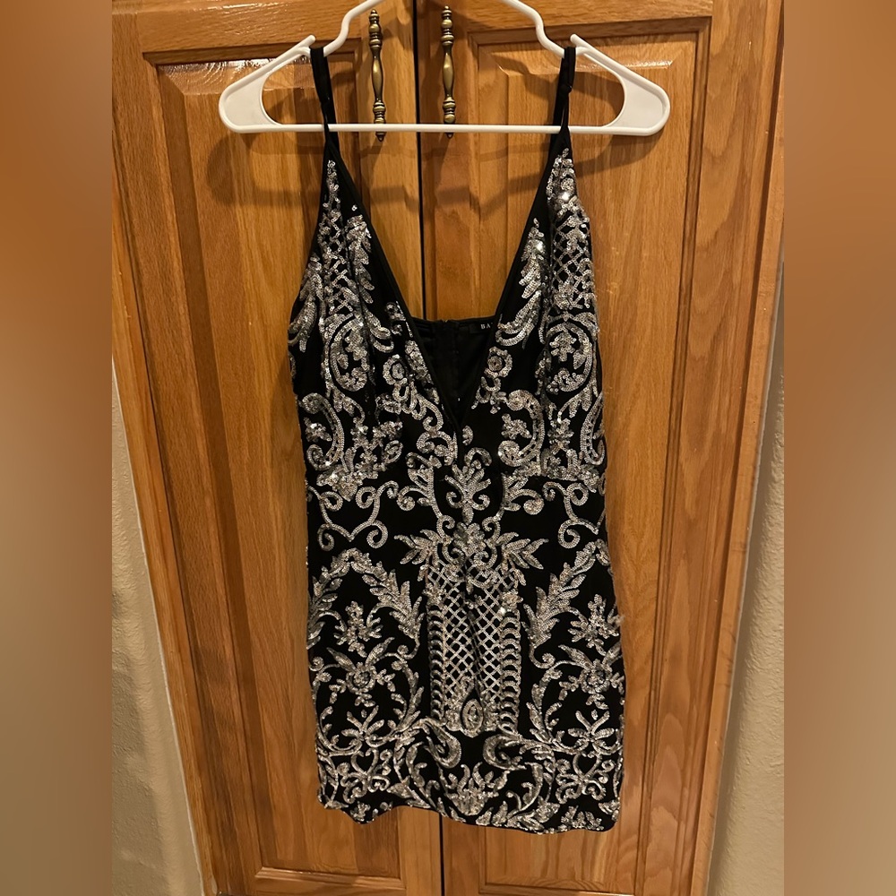Sparkly black and silver mini dress